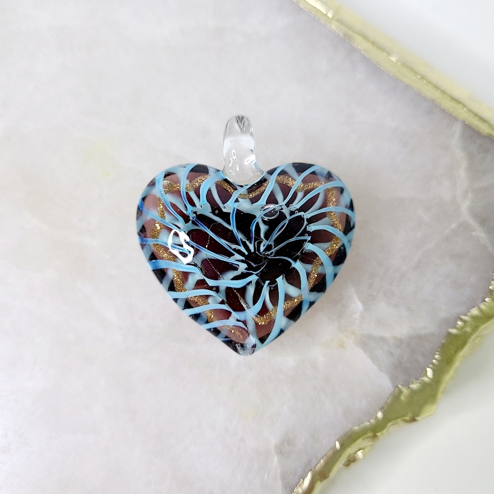 Heart Glass Blue Brown Swirl Pendant - Picture 9 of 9